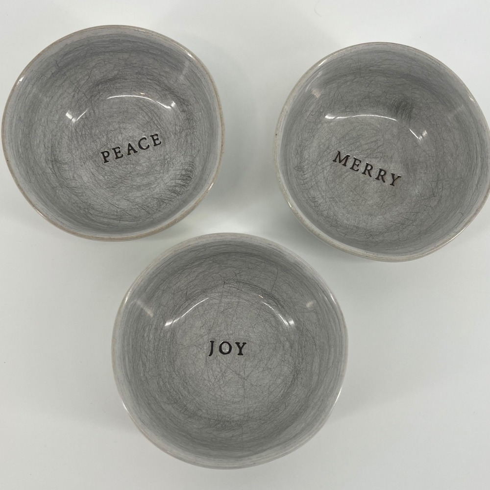 Hearth Hand Magnolia Set of 3‎ Ceramic Bowls Peace Merry Joy Gray Stoneware